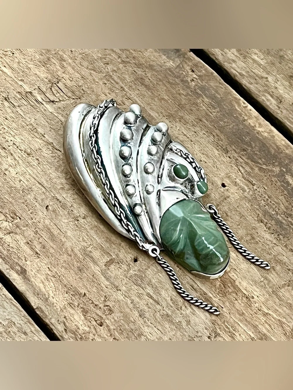 Vintage Mexican Sterling Silver Green Onyx Carved Mask Face Brooch Pin Repousse